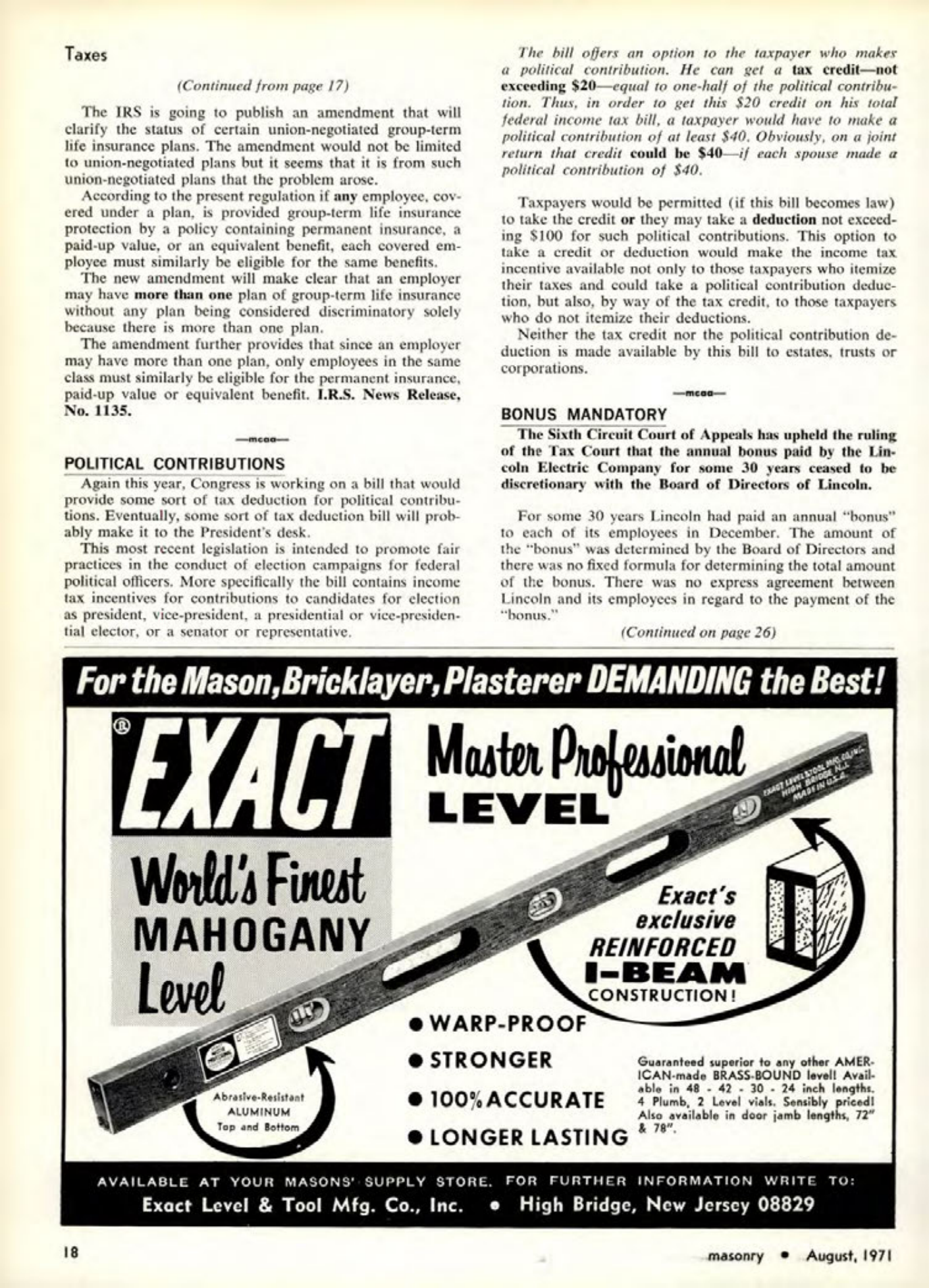 Masonry Magazine August 1971 Page. 18