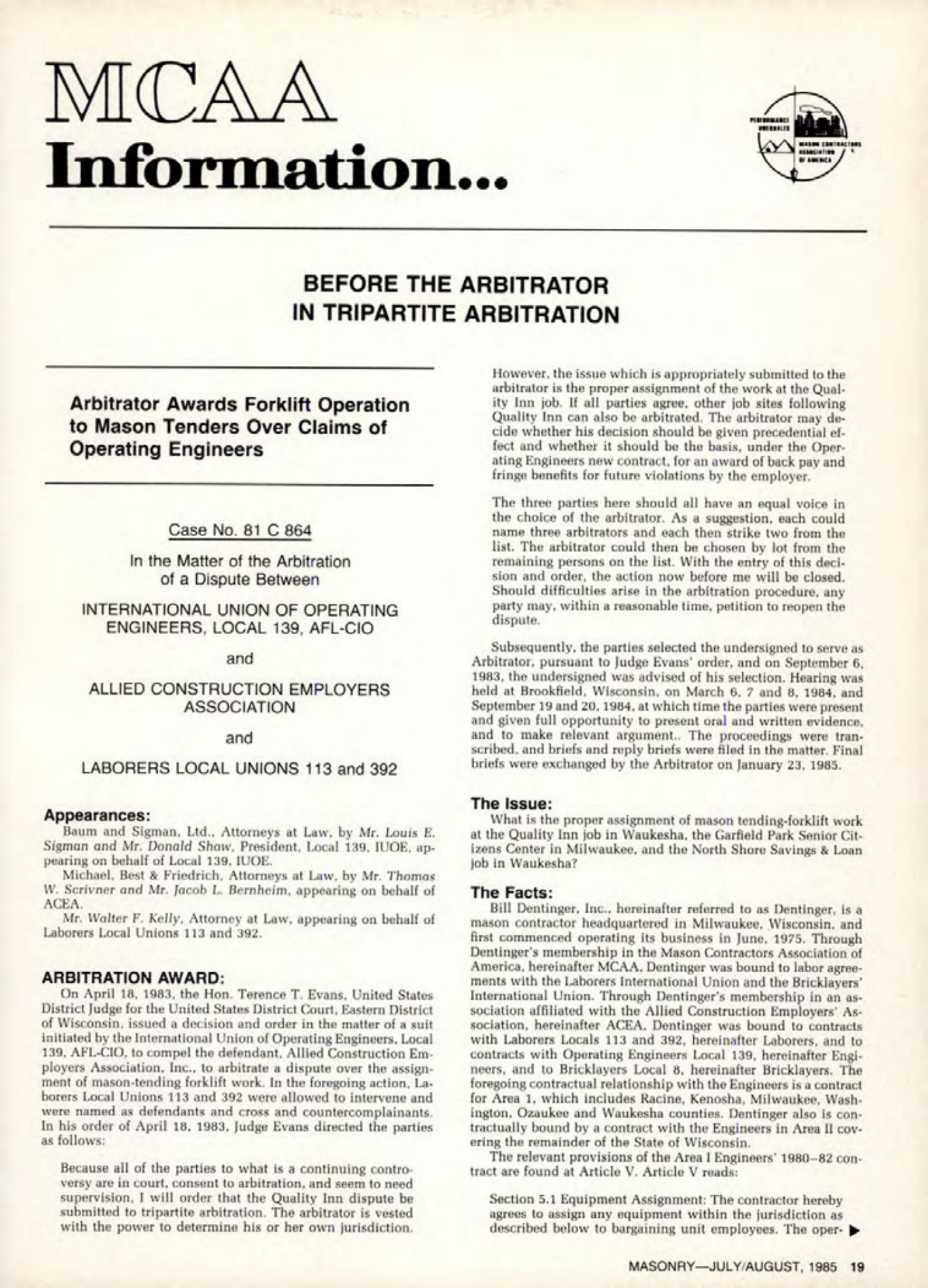 Masonry Magazine August 1985 Page. 19