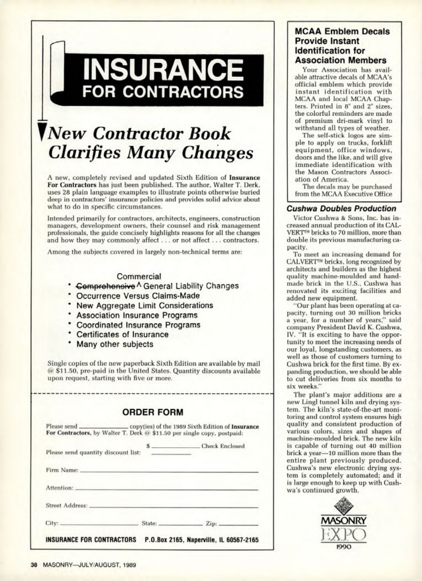 Masonry Magazine August 1989 Page. 38