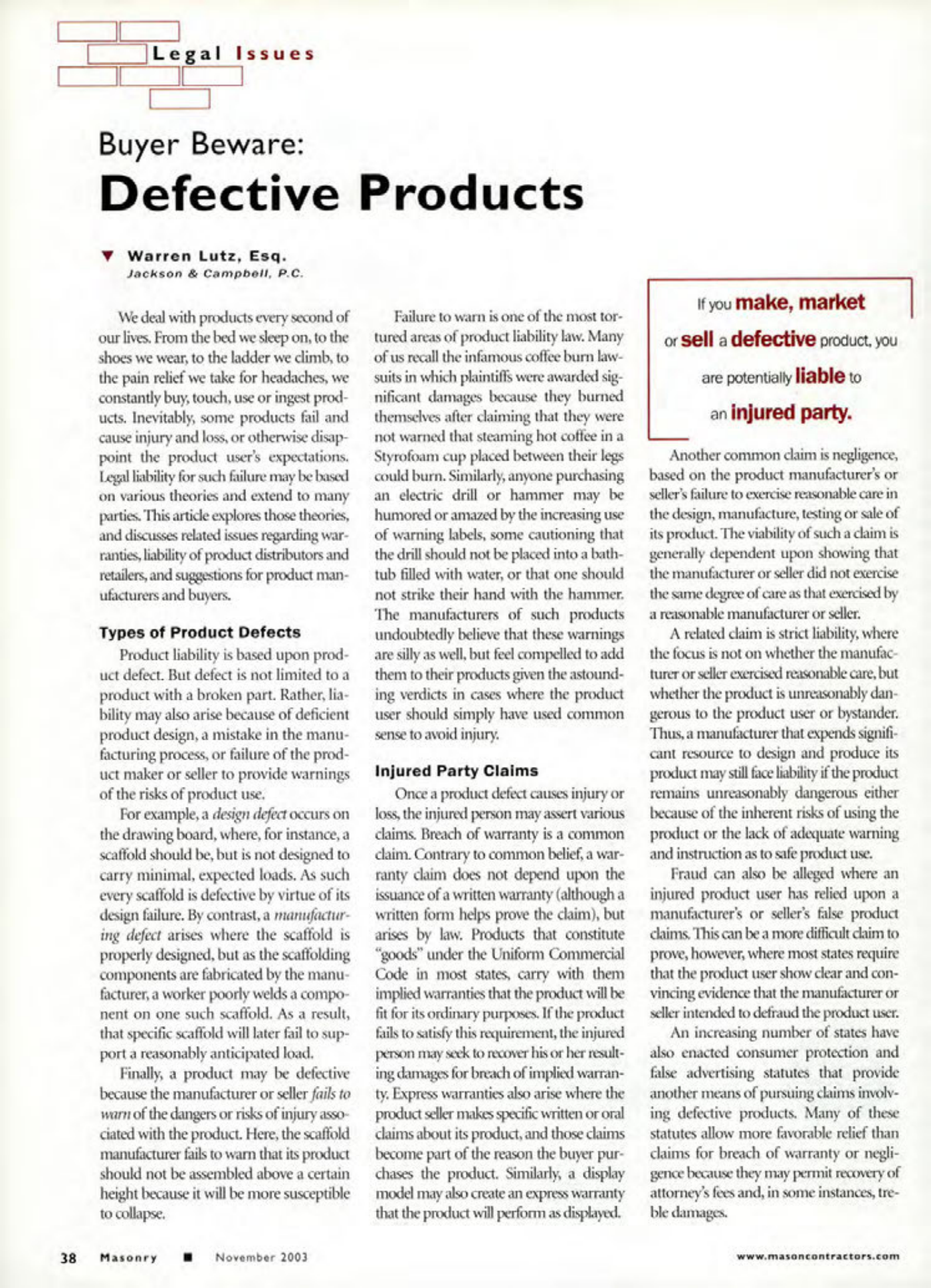 Masonry Magazine November 2003 Page. 40