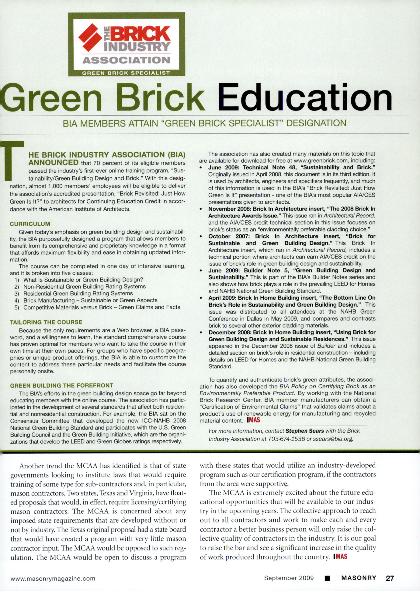Masonry Magazine September 2009 Page. 29